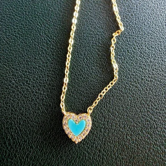 Neiman Marcus 14k Gold Plated Turquoise Blue Heart Necklace - Picture 2 of 5